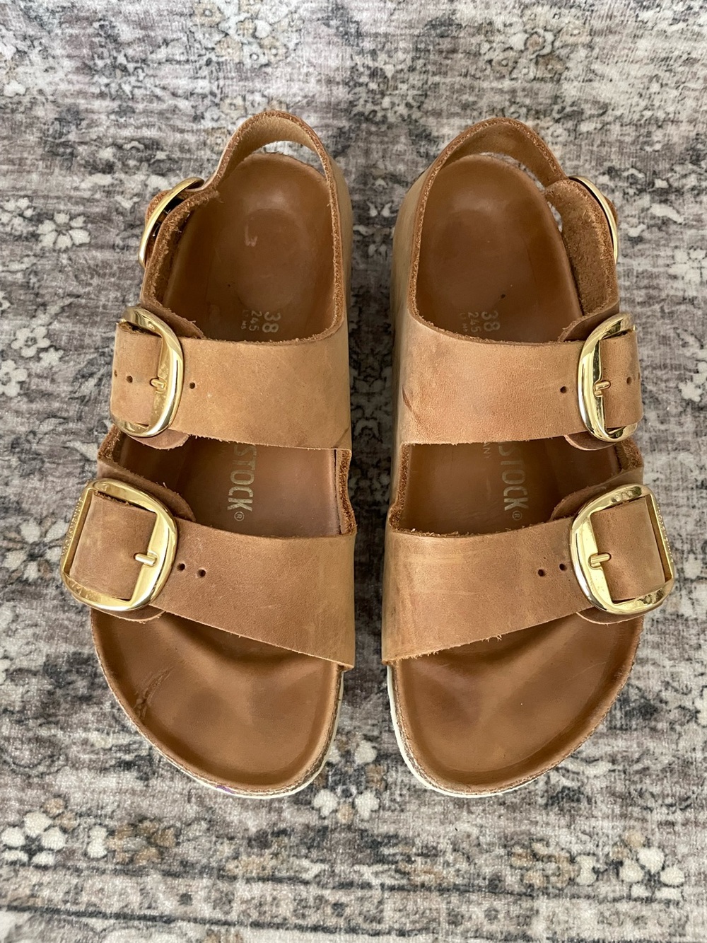 Birkenstock Big Buckle Milano Cognac Brown Oiled Leather Size 38 Gold Buckles - Picture 3 of 12